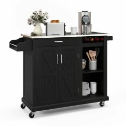 Costway Kitchen Island Rolling Storage Trolley Cart Stainless Steel Countertop 2 Doors