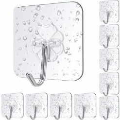 XINUY Adhesive Hook, 10 Pieces Clear Self Adhesive Adhesive Hooks 15kg (Max), Kitchen Towel Hook, Strong Seamless Transparent Hooks