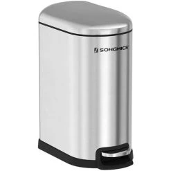Songmics Slim Rubbish Bin, 10L Pedal Bin, Steel, Removable Inner Bucket, Slow Close, For Narrow Space, Silver LTB10NL