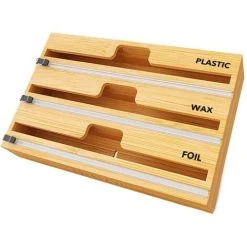 MOREJIEKA 3 In 1 Wrap Organizer With Cutter And Labels, Plastic Wrap, Aluminum Foil And Wax Bamboo Dispenser For Kitchen Storage Organization Holder For 12" Roll (Natural)