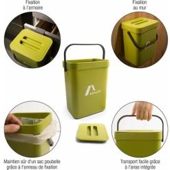 TUMALAGIA Kitchen Compost Bin - Plastic Kitchen Composter For Organic Waste - Table Top Bin With Lid - Small Under Sink Door Bin - Odor Proof - Green, 5L -Vonshef shop 94630331 4
