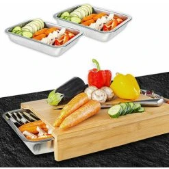 TUMALAGIA Cutting Board, Solid Bamboo Cutting Board With Drip Trays 41 X 30 X 5 Cm, Ideal Kitchen Helper Gadget Set For The Kitchen Bamboo Kitchen Board With 2 Stainless Steel Bamboo Bowls