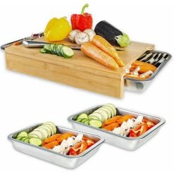 TUMALAGIA Cutting Board, Solid Bamboo Cutting Board With Drip Trays 41 X 30 X 5 Cm, Ideal Kitchen Helper Gadget Set For The Kitchen Bamboo Kitchen Board With 2 Stainless Steel Bamboo Bowls -Vonshef shop 95583649 5