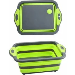 HEGUYEY Foldable Multifunctional Cutting Board With Built-in Colander, Portable And Collapsible, Plastic, Silicone, Collapsible Kitchen Board, Fruit Vegetable Drainer Basket, One Piece Picnic