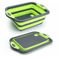 Soleil Upgraded Green Foldable Chopping Board With Colander, Multi-Function Silicone Folding Chopping Board, Dish Bowl, Food Colander Storage Basket, Draining And