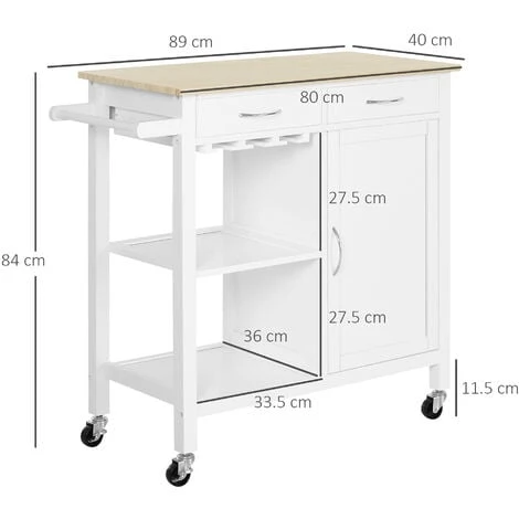 HOMCOM Kitchen Storage Trolley Cart Cupboard Rolling Wheels Shelves 2 Drawers 2 HOMCOM Kitchen Storage Trolley Cart Cupboard Rolling Wheels Shelves 2 Drawers - Image 2