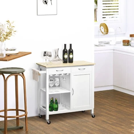 HOMCOM Kitchen Storage Trolley Cart Cupboard Rolling Wheels Shelves 2 Drawers 3 HOMCOM Kitchen Storage Trolley Cart Cupboard Rolling Wheels Shelves 2 Drawers - Image 3