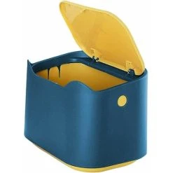 Soleil Small Table Trash Can, Mini Plastic Style Kitchen Desktop Trash Bin With Push Button Lid, Push Top Trash Can Kitchen Trash Can Rubbish Waste Dustbin Desk Bin 2L (Blue)