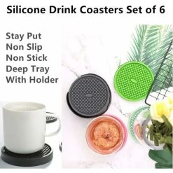 XINUY Silicone Coaster Set Of 6 With Holder, Deep Groove Absorbent Coasters To Protect Furniture From Damage Large 4 Inch Cup Mat (Gray) -Vonshef shop 98374983 4